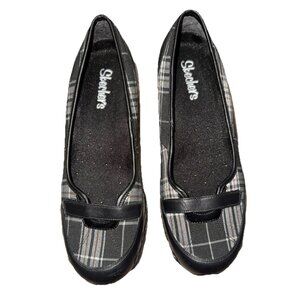 Skechers Black Gray Plaid Wedge Slip On shoes Size 7.5 Standard